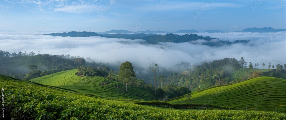 Fototapeta premium Scenic beauty of tea plantations where lush green fields merge with drifting clouds, captivating the senses