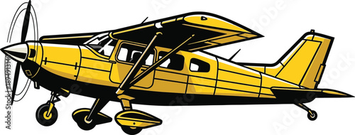 Yellow propeller airplane flying in sky. Vintage transport.