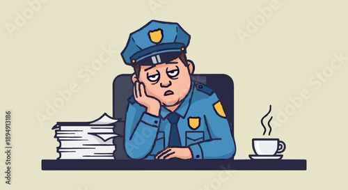 Tired Police Officer Sitting at Desk with Coffee.