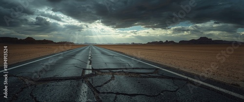 Panel kuchenny z motywem Cracked asphalt road with overcast sky in the Lut desert, the world's hottest desert, also known as Kalut Desert