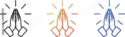 Praying hands icon set with glowing light rays in multiple colors