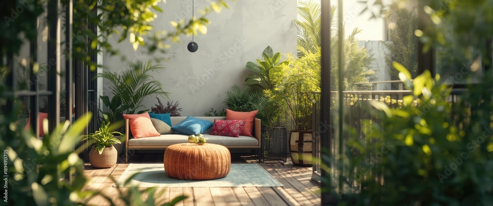 Fototapeta premium Out-of-Focus Background of Cozy and Vibrant Balcony Lounge Featuring Colorful Cushions, Plants, and Stylish Decor for Outdoor Relaxation