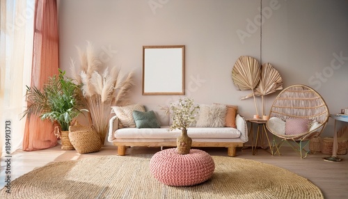 bohemian interior design style living room in pastel colors mock up with frame for picture generative ai