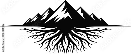 Abstract black mountain silhouette with deep tree roots illustration in minimalist vector style, symbolic nature artwork for environmental concepts, growth themes, logos, posters, and 