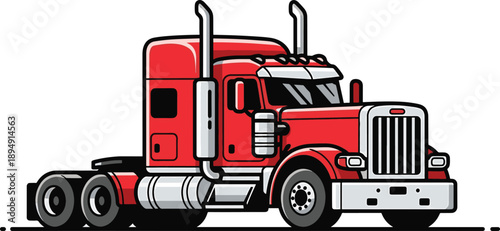 Red semi truck with long trailer on isolated transparent background
