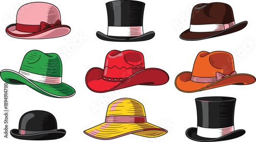 Various hats collection including cowboy hats and classic headwear