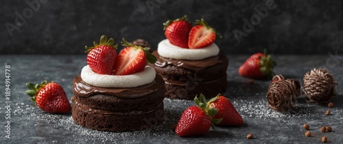Obraz  z motywem Delicious chocolate desserts featuring fresh strawberries. Perfect for a good morning, homemade baking with cream and toppings.