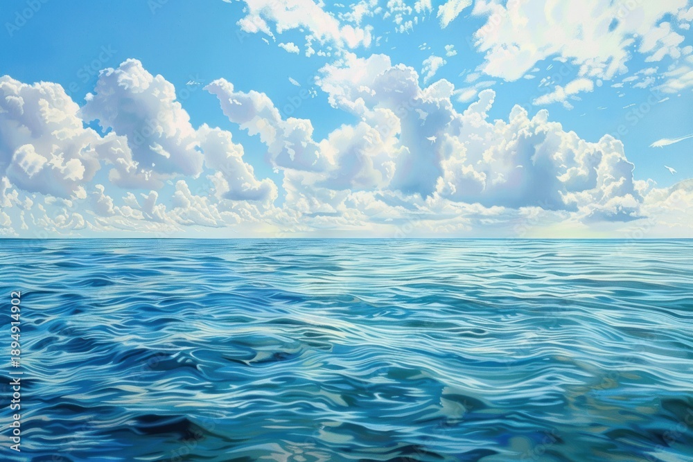 Obraz premium Calm ocean reflecting the beautiful cloudy sky on a sunny day