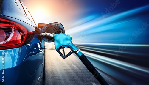 a blue fuel pump nozzle is inserted into a car s fuel tank refueling concept