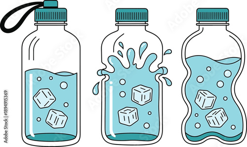 Three water bottles with ice cubes, splash effect, liquid container