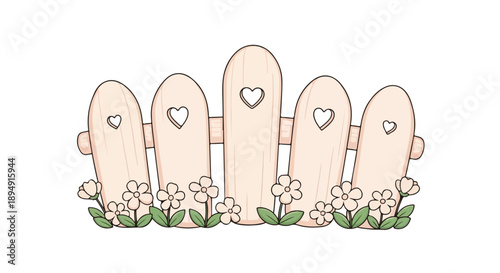 Illustration of a wooden fence with heart cutouts and white flowers against a plain white background.
