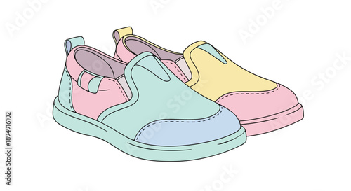Colorful illustration of three children's shoes in pink, yellow, and blue, with velcro straps, on a white background.