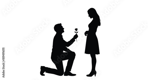 A silhouetted scene of a man proposing to a woman with a rose