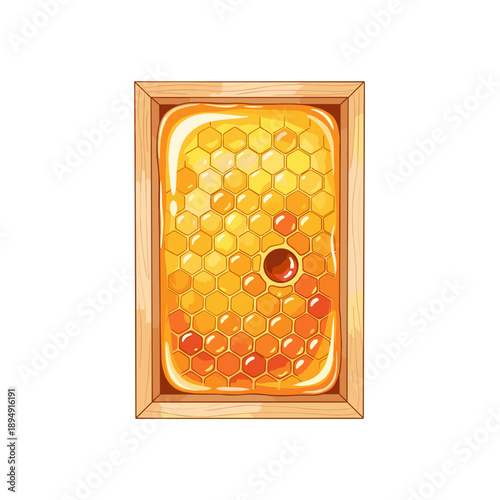 Honeycomb frame filled with golden honey in wooden setting  