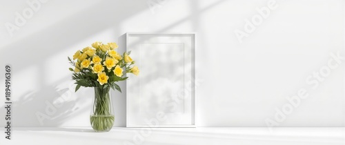 Decorated flower arrangement with vase and photo frame, isolated on white background, suitable for mockups