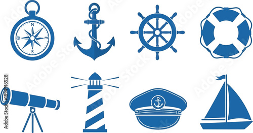 Nautical icons set compass anchor ship wheel lifebuoy telescope lighthouse cap boat