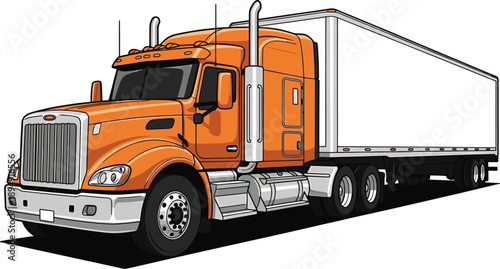 Orange semi truck with white trailer, isolated vector illustration