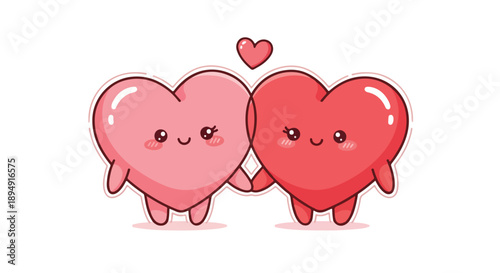 Two cute cartoon hearts with smiling faces holding hands against a white background, conveying a sweet and affectionate mood.
