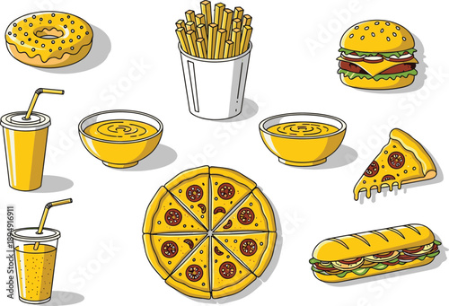 Fast food menu icons featuring pizza slice hamburger and soft drink