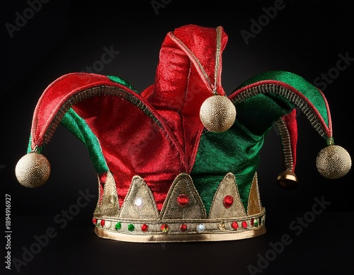 red and green joker s jester hat isolated on a full black background