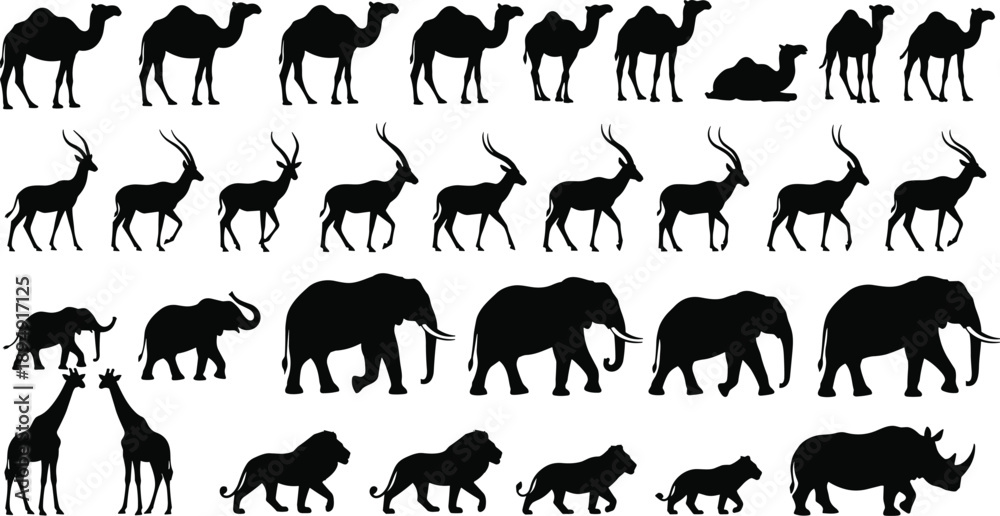 Fototapeta premium Black Animal Silhouettes Collection Featuring Camels Gazelles Elephants Giraffes Lions and Rhino Vector Set for Safari Wildlife and Nature Design Projects