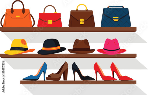 Fashion accessories display with handbags hats and high heel shoes