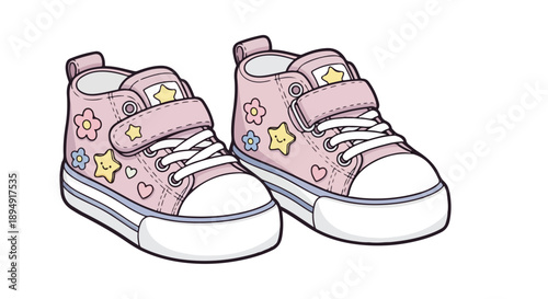 A pair of pink children's sneakers with colorful star and heart designs on a white background.