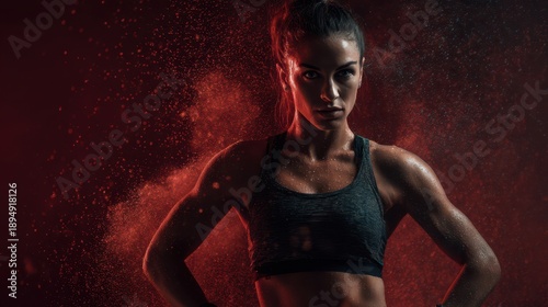 Strong female athlete training confidently with dramatic lighting background, Women strength and power concept