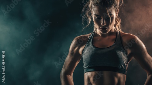 Strong female athlete training confidently with dramatic lighting background, Women strength and power concept