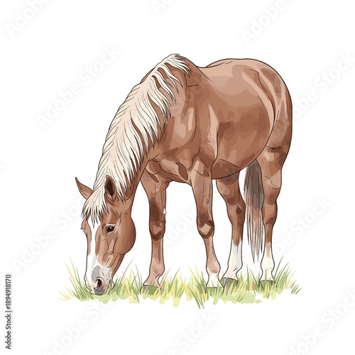 Brown horse grazing on green grass in a serene meadow  
