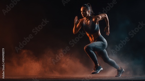 Strong female athlete training confidently with dramatic lighting background, Women strength and power concept