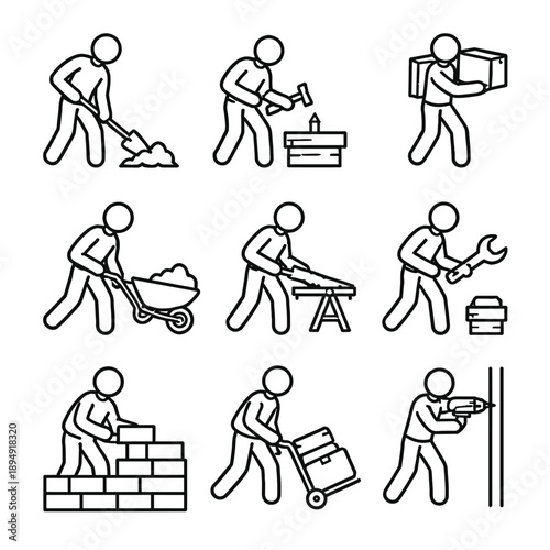 Construction Worker Icon Set with Various Activities