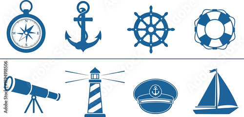 Nautical symbols compass anchor wheel lifebuoy lighthouse