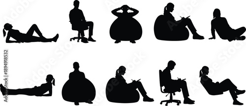 Black silhouettes of people in casual sitting poses, working on bean bags, office chairs, and floor for interior design vector. (