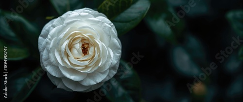 Close-up shot of a blooming white camellia flower amidst green foliage