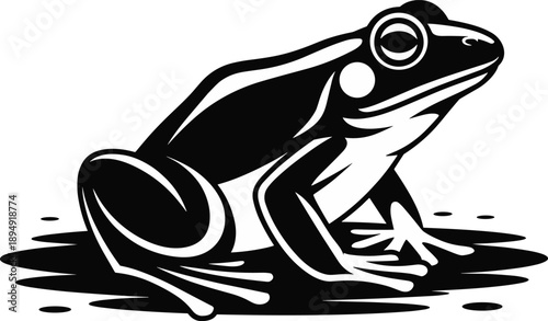 Black and white frog silhouette illustration, stylized amphibian vector art, minimalist monochrome wildlife design, bold graphic frog icon for logos, branding, prints, tattoos, and modern digital 