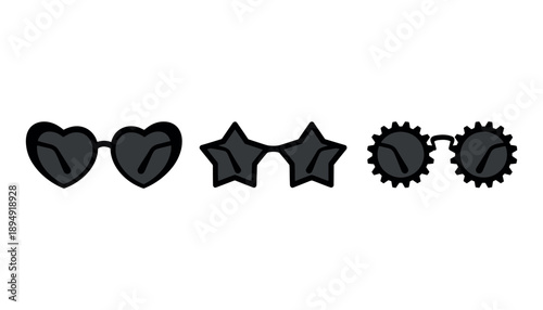 Black cartoon novelty sunglasses with heart star and gear shaped lenses heart shaped lenses star shaped lenses