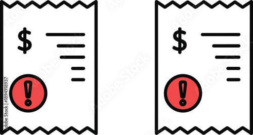 Bill receipt icon with red exclamation mark warning payment symbol