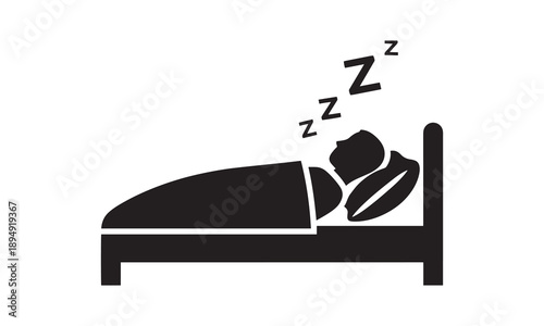 Black silhouette of person sleeping in bed with Zzz symbols indicating sleep, vector.