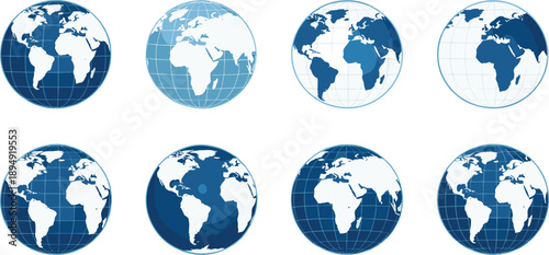 World Globe Map Icon Set Showing Earth Hemispheres and Global Geography Views for International Business, Travel, Education, and Network Design