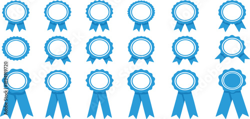 Award Ribbon Badge Icon Set Featuring Blue Prize Rosettes and Empty Medal Labels for Achievement, Certification, Competition, and Recognition Design