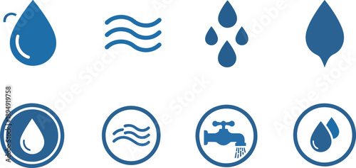 Water droplet and wavy lines symbols for hydration fluid and wave icons