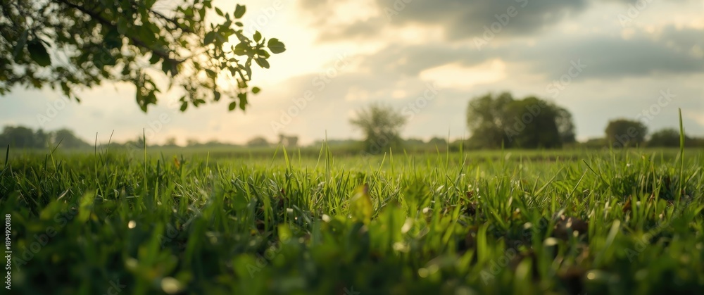Fototapeta premium Vivid grass patch under a cloudy sky backdrop, highlighting sky, summer, travel, nature, tree, spring, grass, landscape, leaf