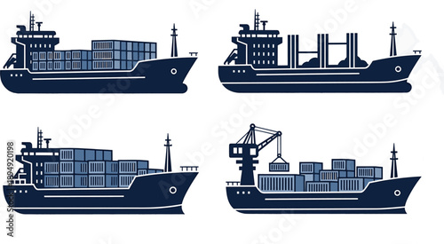 Cargo ship silhouettes loading containers in harbor for logistics