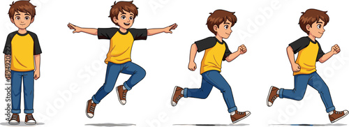 Cartoon Boy Character Sprite Sheet Featuring Various Poses Including Standing Jumping Running and Jogging in Casual Clothes for Game Animation