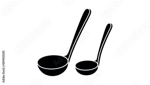 Black ladle and small scoop with long handles kitchen utensils in white background.