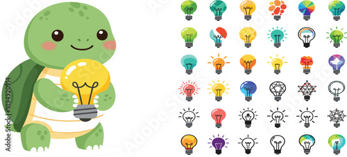 Cute Turtle Character Holding Light Bulb with Colorful Idea Icon Set Representing Creativity, Inspiration, Learning, and Imagination Concepts