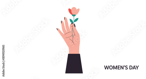 Minimalist Illustration of a Woman's Hand Holding a Single Pink Flower for International Women's Day Card or Greeting Background, Generative AI.