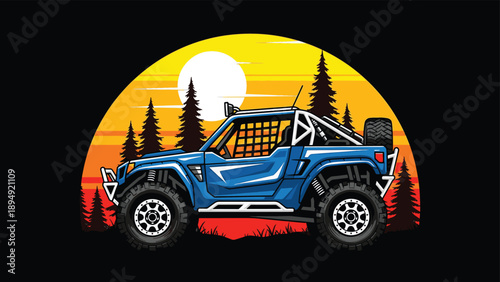 Blue offroad vehicle design vector with sunset and forest landscape