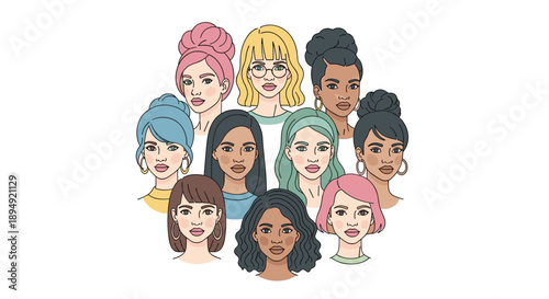 Diverse Group of Women Faces Arranged in a Circle Illustration Representing Global Unity Sisterhood and Multicultural Diversity on White Background, Generative AI.